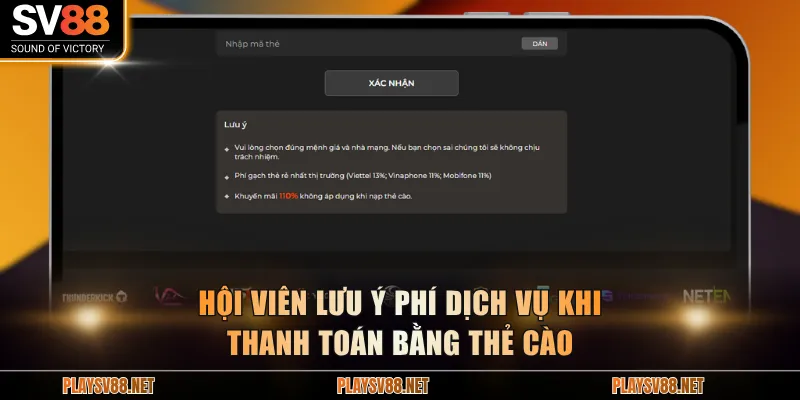 Hội viên lưu ý phí dịch vụ khi thanh toán bằng thẻ cào